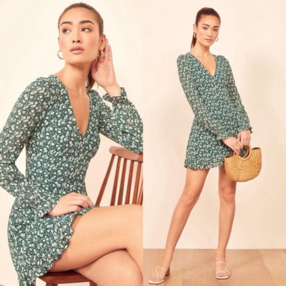 Reformation Elenor Green Ditzy Floral Long Sleeve Mini Dress 12 Cottagecore - Picture 3 of 12